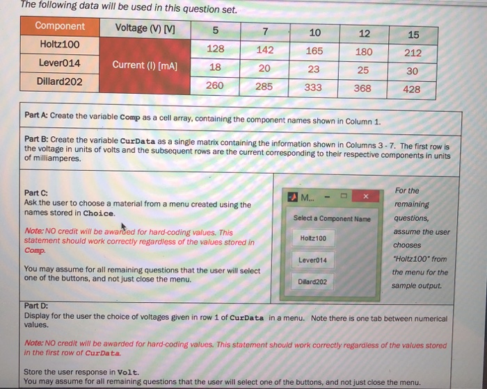  Matlab code The following data will be used in this question