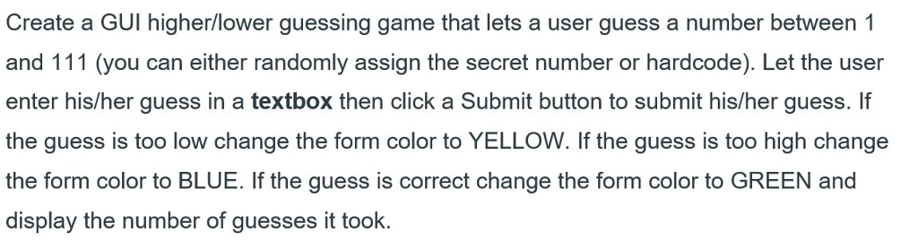 Create a GUI higher/lower guessing game that lets a user guess