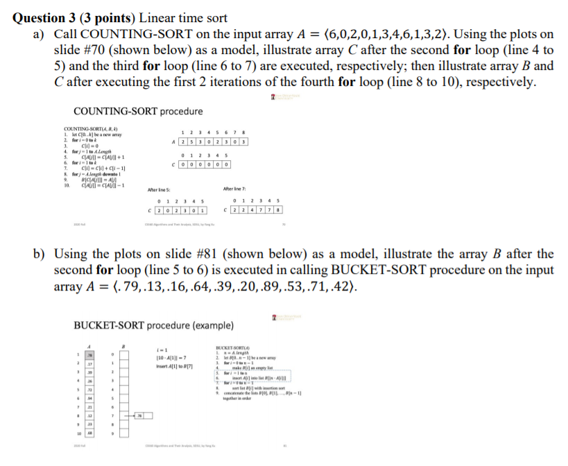  Question 3 (3 points) Linear time sort a) Call COUNTING-SORT on