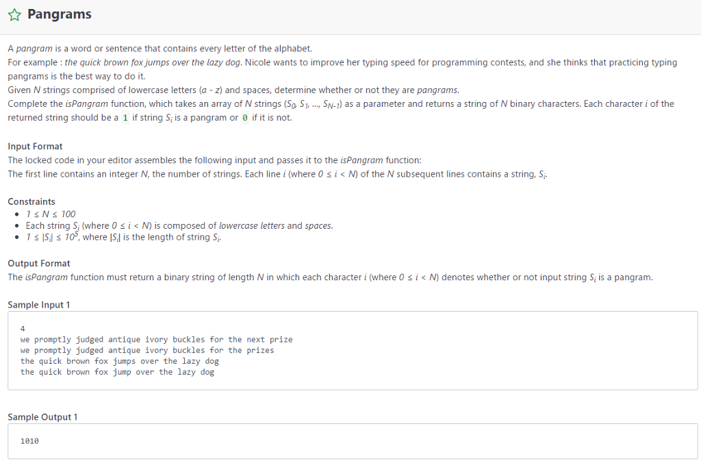  with Java Pangrams A pangram is a word or sentence that
