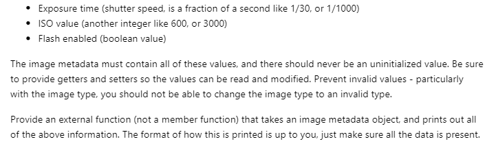 by a camera. The metadata should include at least the following properties: