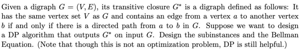  Given a digraph G=(V,E), its transitive closure G** is a digraph