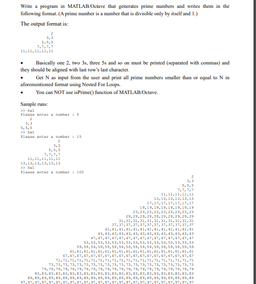  Write a program in MATLAB/Octave that generates prime numbers and writes