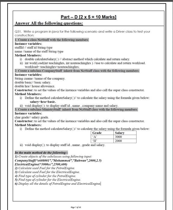 Java Part - D [2 25=10 Marks ] Answer All the following