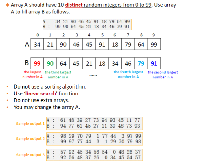  in C++Write a program: Array A should have 10 distinct random