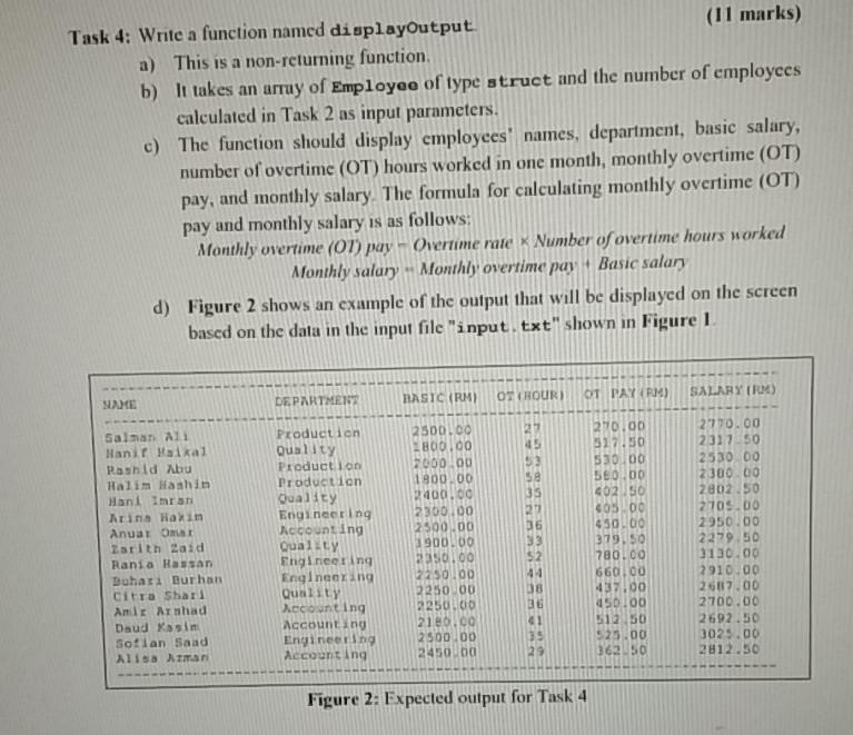 Department c) Basic salary Number of overtimc hours worked in one month