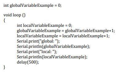  int globalVariable Example = 0; void loop 0 { int localVariable