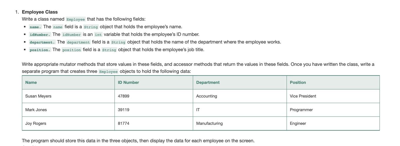 (from back of textbook chapter) Chapter 3 Problem #1 Employee Class Use