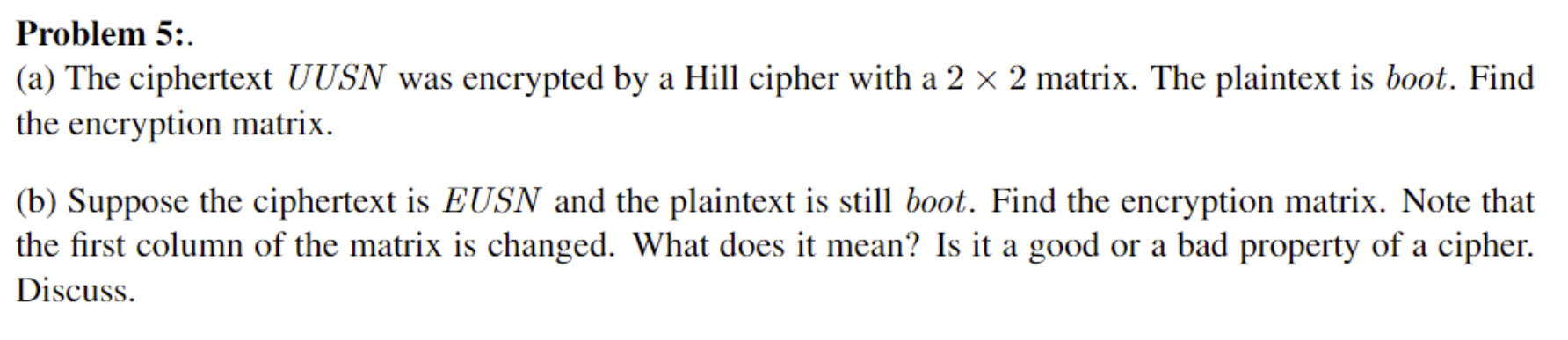  Problem 5:. (a) The ciphertext UUSN was encrypted by a Hill