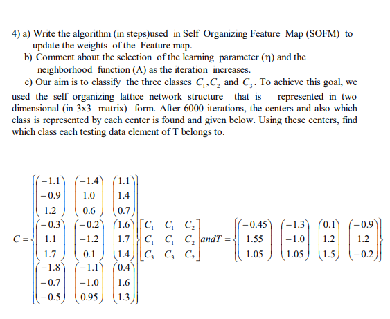  4) a) Write the algorithm (in steps)used in Self Organizing Feature