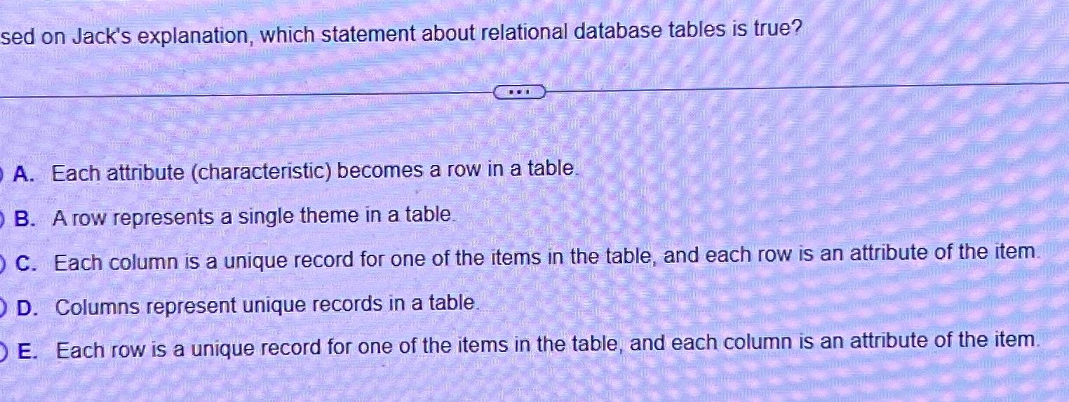  sed on Jack's explanation, which statement about relational database tables is