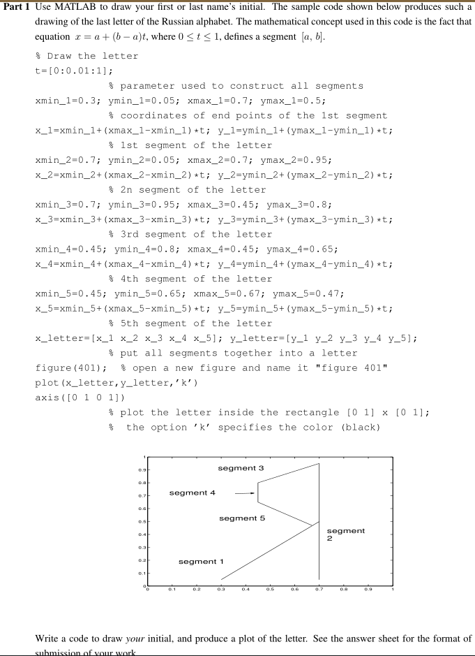 Use MATLAB to draw your first or last name's initial. The