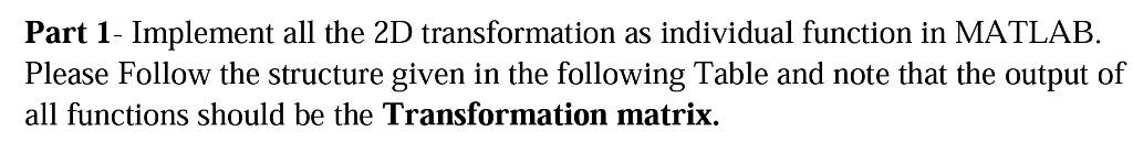 Matlab problem Part 1- Implement all the 2D transformation as individual function