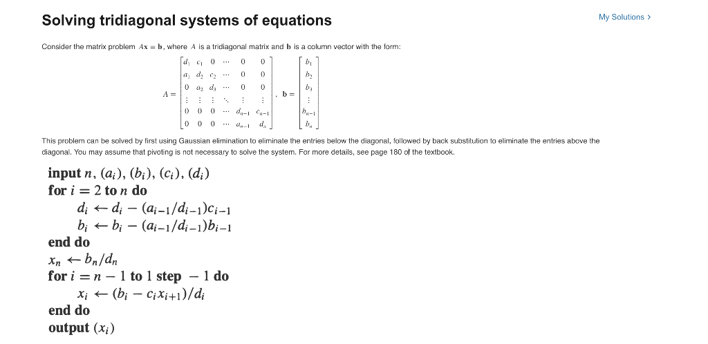 Coding exercise in MATLAB Solving tridiagonal systems of equations Consider the
