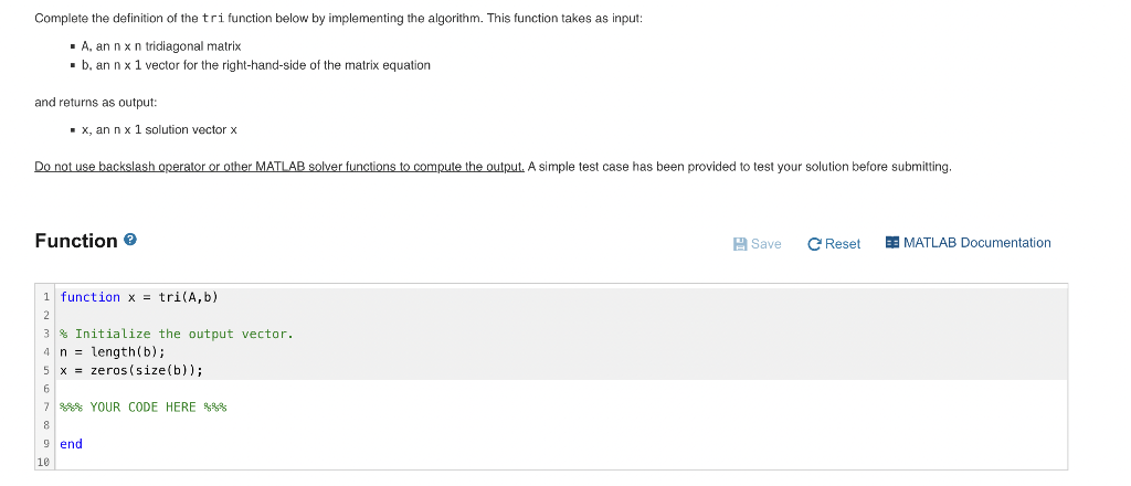 matrix problem Ax=b, where A is a tridiagonal matrix and b is