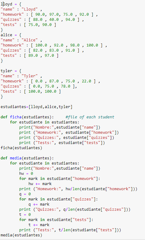PYTHON Data: three dictionaries I have calculated the file for each student