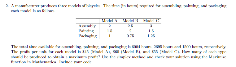 Discrete math: Simplex Method algorithm 2. A manufacturer produces three models of