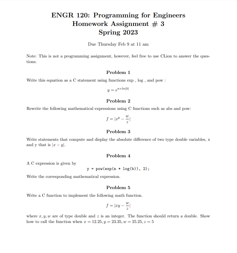  ENGR 120: Programming for Engineers Homework Assignment \# 3 Spring 2023