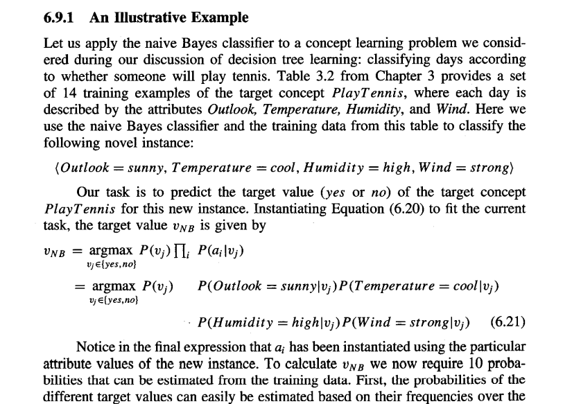 assumptions of the naive Bayes classifier for the PlayTennis problem of Section