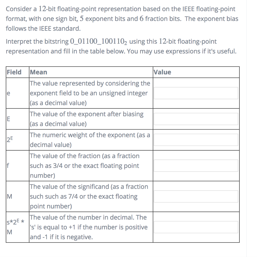 Consider a 12-bit floating-point representation based on the IEEE floating-point format,