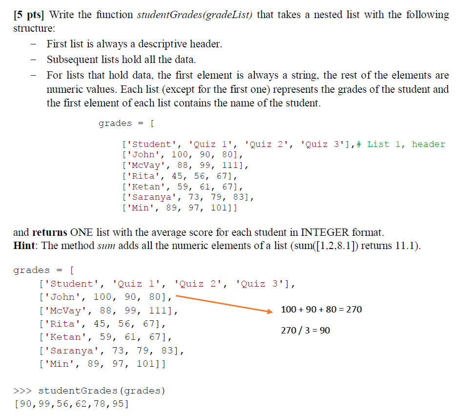  Python [5 pts] Write the function studentGrades(gradeList) that takes a nested