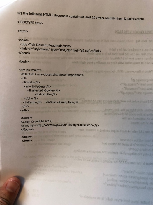  CSS HTML please identify all errors. 12) The following HTMLS document