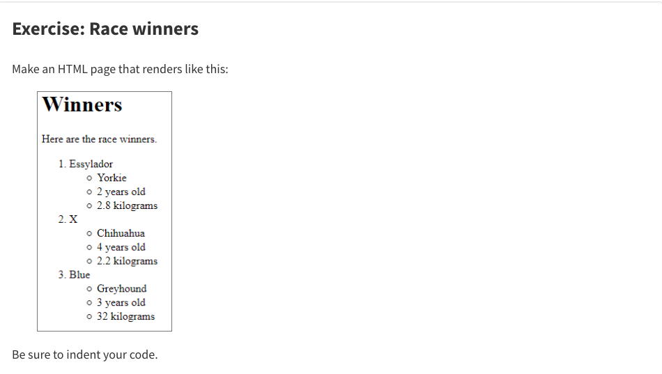 Make an HTML page that renders that: Create: Exercise: Race winners Make