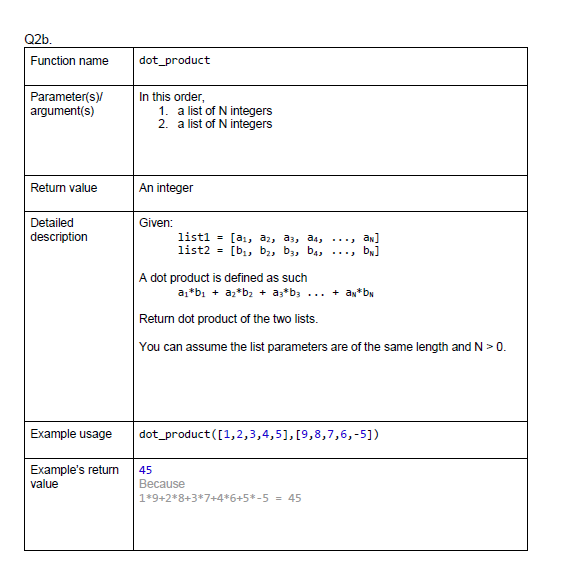 following functions. Q2a. Function name question_2a Parameter(s) argument(s) In this order, 1.