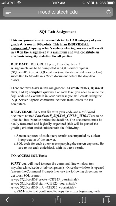  ..il AT&T 8:07 AM moodle.latech.edu SQL Lab Assignment This assignment counts