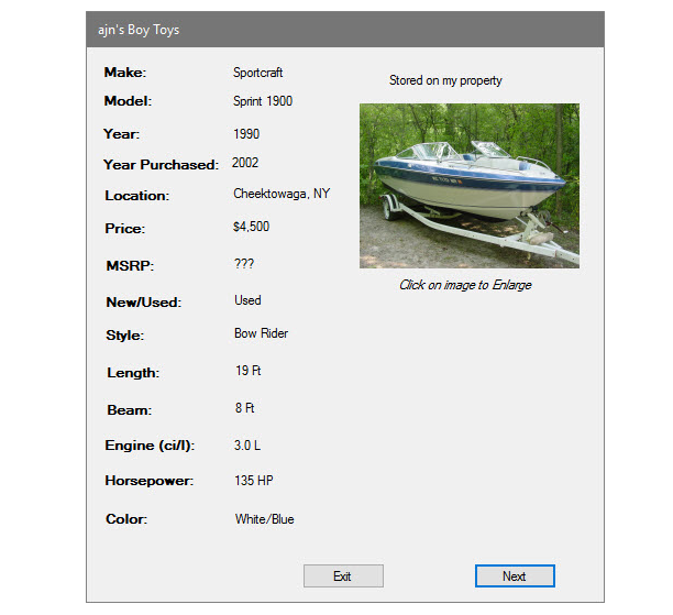 that displays boats including such information as make, model, year made, engine