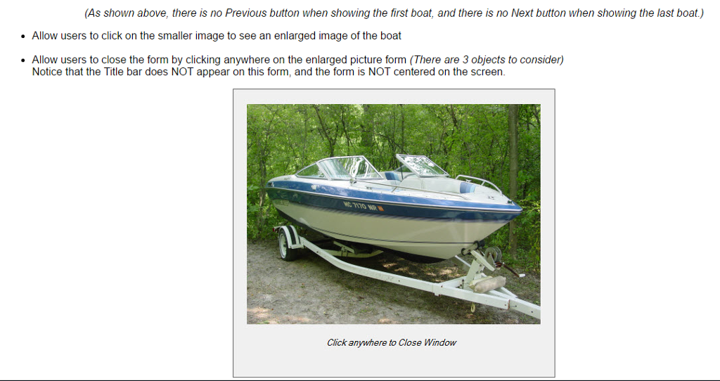 size, etc., as well as, a picture of each boat formatted as