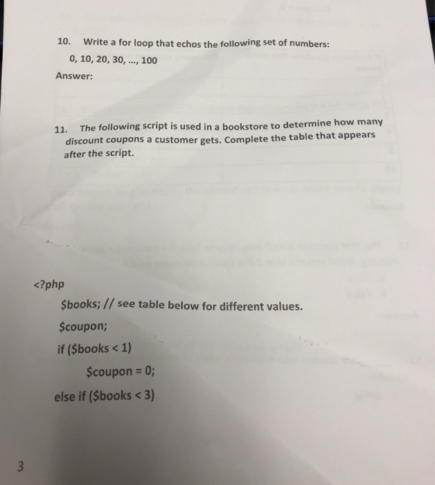  10. Write a for loop that echos the following set of