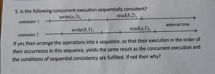  5. Is the following concurrent execution sequentially consistent? write(a,3), read(5,2), computer