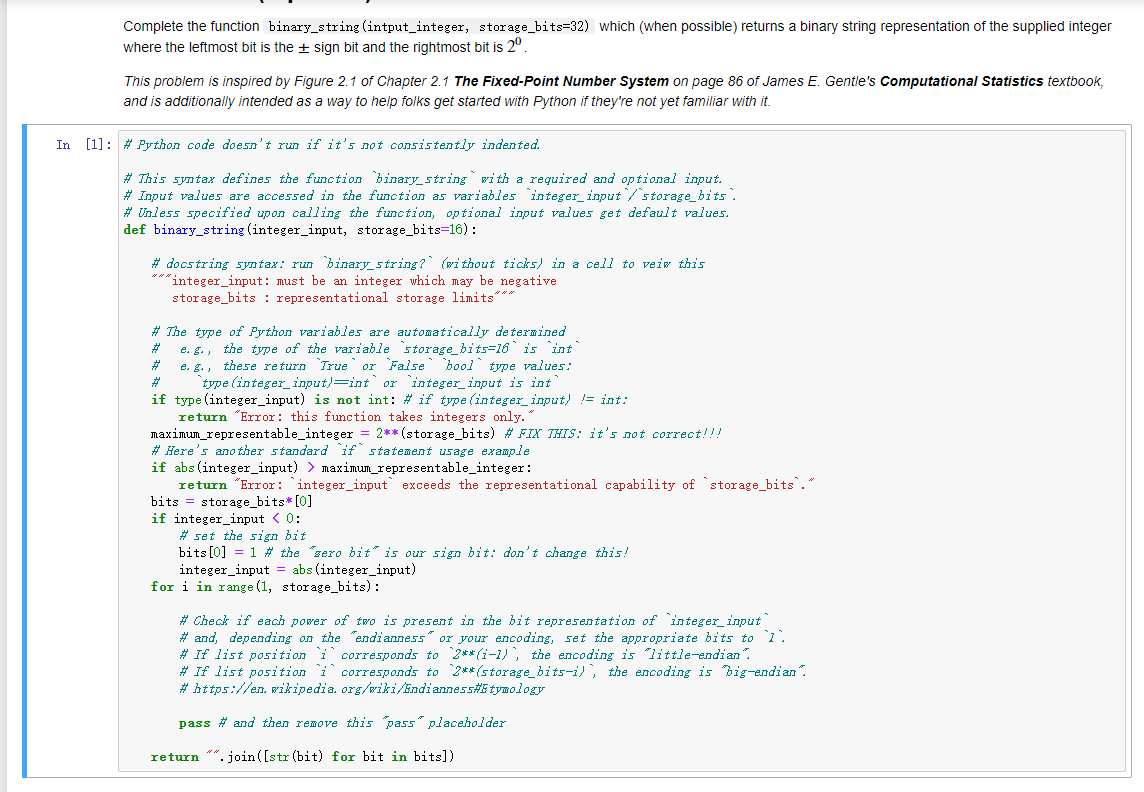 According to the hint, fix and finish the binary_string function (python). Complete