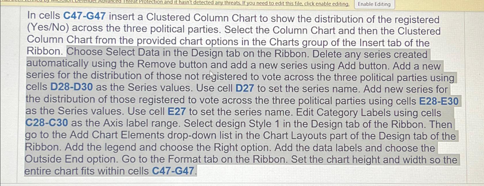  In cells C47-G47 insert a Clustered Column Chart to show the