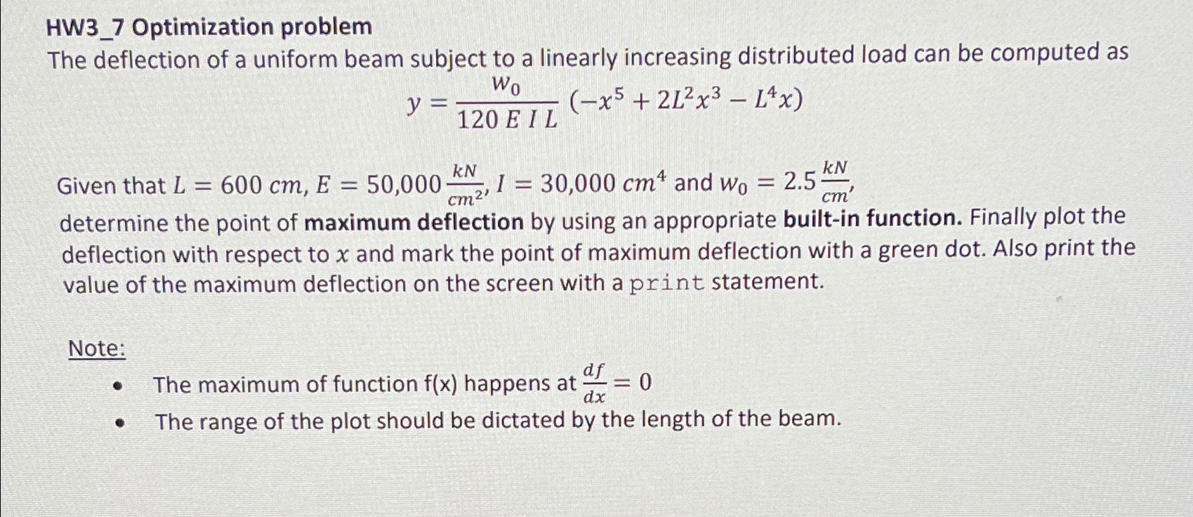  HW3_7 Optimization problem The deflection of a uniform beam subject to
