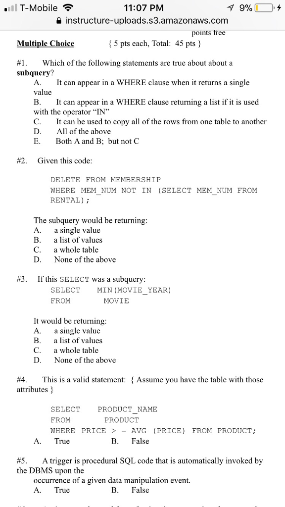  .l T-Mobile 11:07 PM a instructure-uploads.s3.amazonaws.com points free Multiple Choice 5