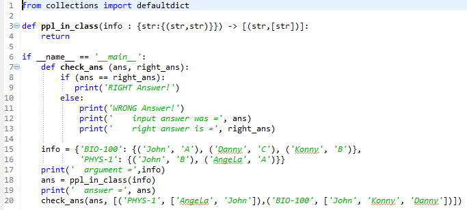 PYTHON Create ppl_in_class function Takes info and returns each academic class and