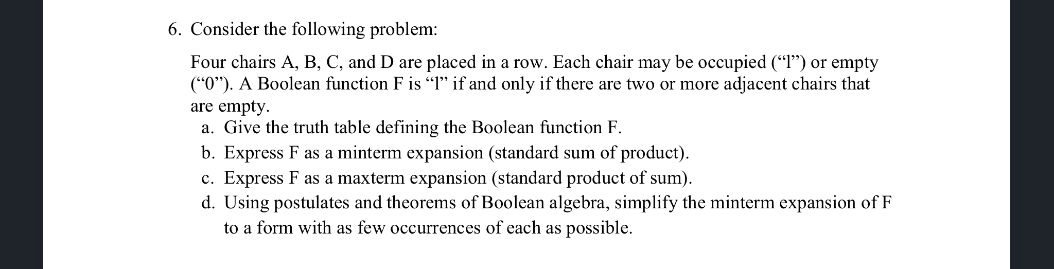  Consider the following problem: Four chairs A, B, C, and D