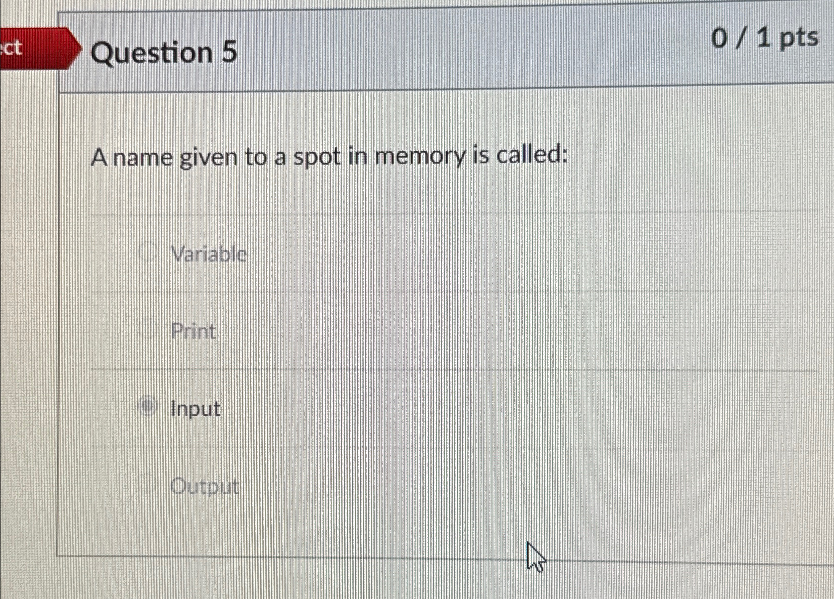  Question 5 01pts A name given to a spot in memory