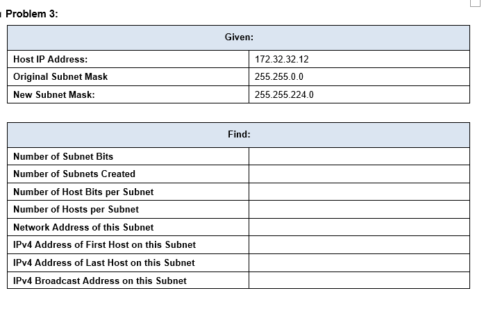  L Problem 3: Given: Host IP Address: Original Subnet Mask New