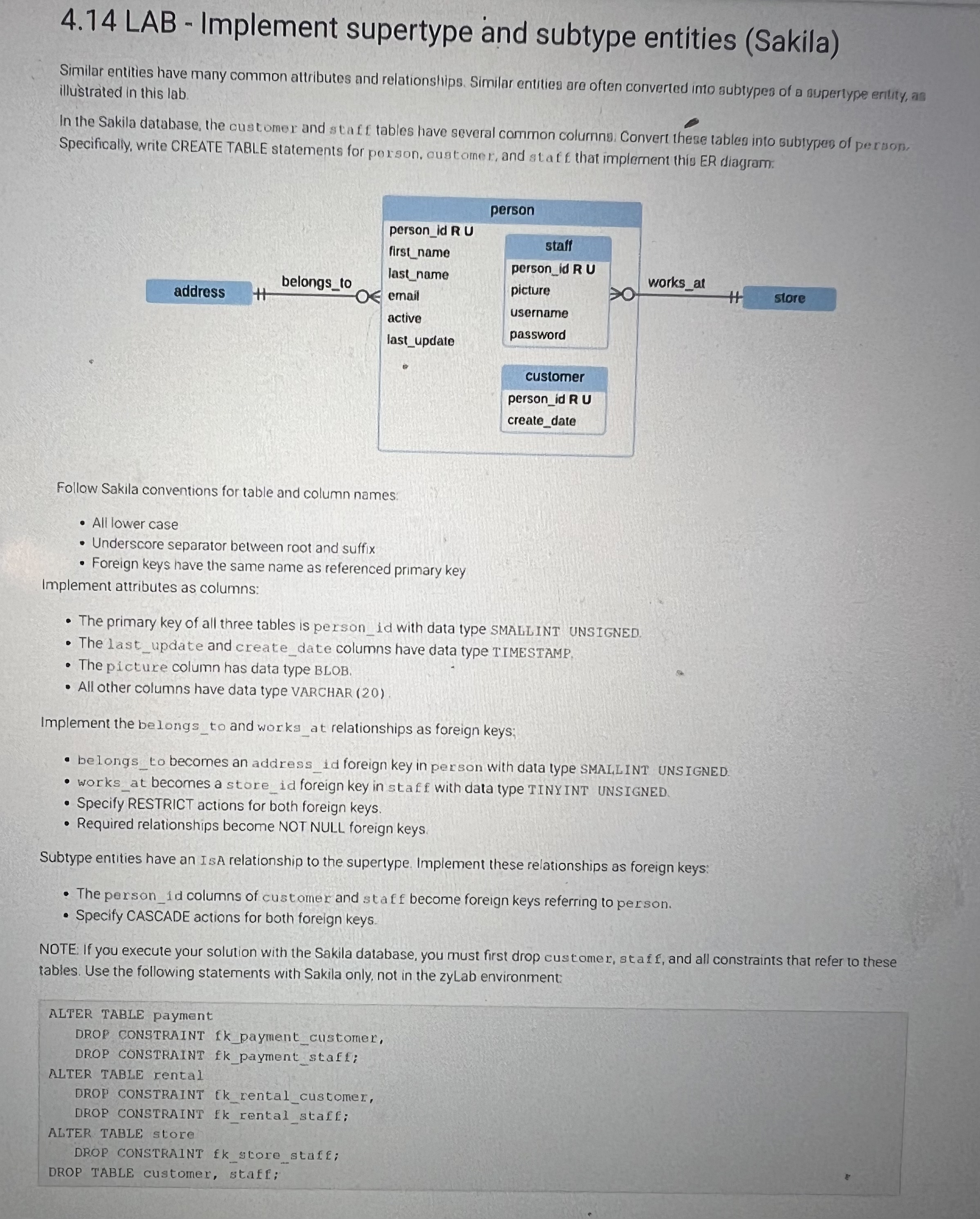  4.14 LAB - Implement supertype and subtype entities (Sakila) Similar entities