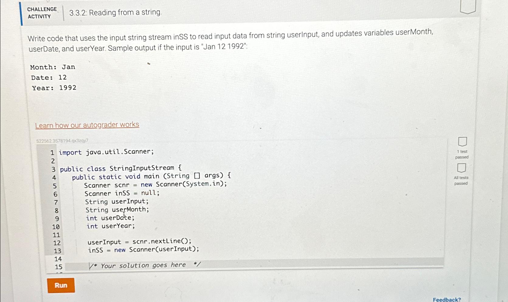  CHALLENGE ACTIVITY 3.3.2: Reading from a string. Write code that uses