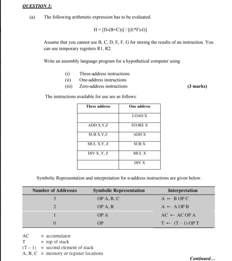 QUESTION 3: (a) The following arithmetic expression has to be evaluated.
