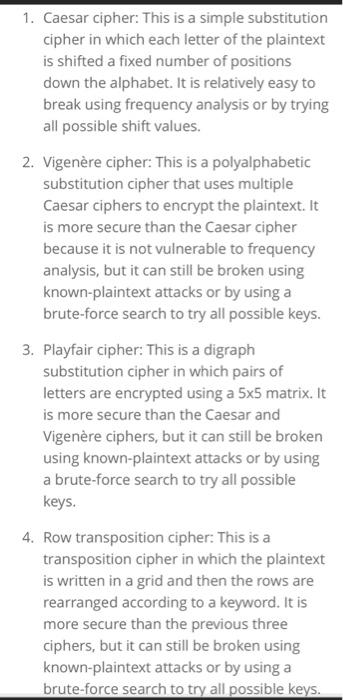 please provide your comments and thoughts in regards to classical ciphers mentioned