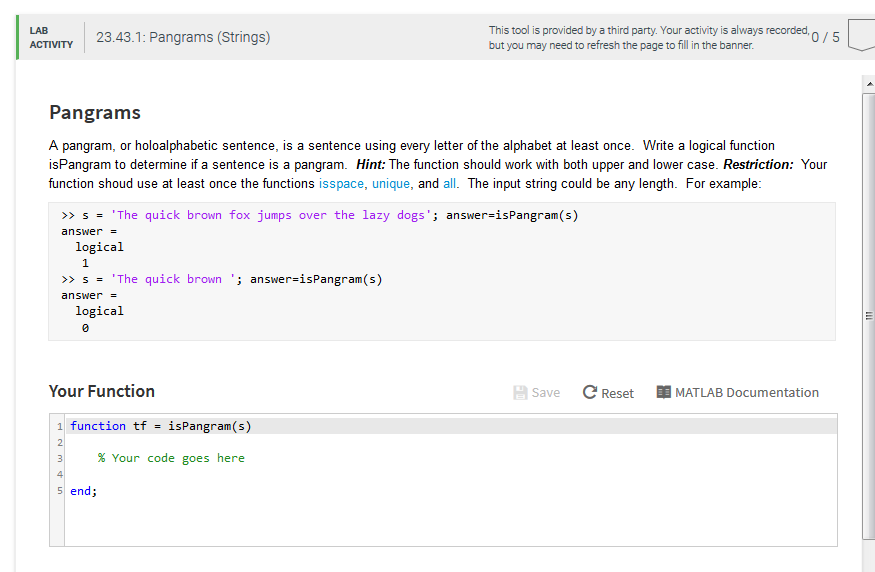 matlab only LAB ACTIVITY 23.43.1: Pangrams (Strings) This tool is provided by