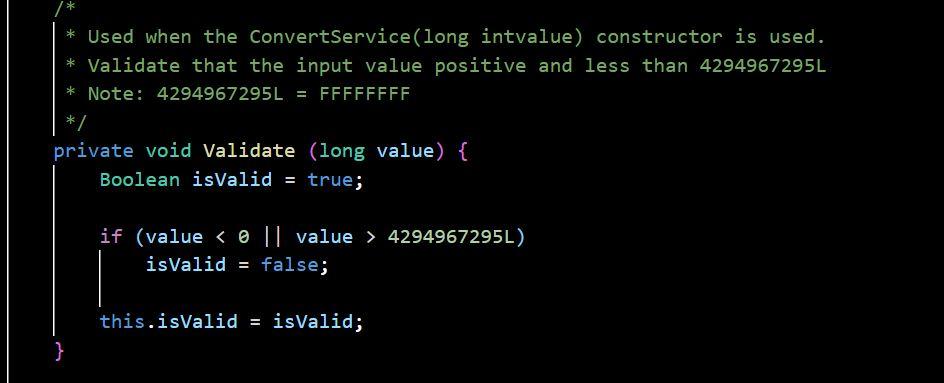 right below. public Convertservice(long intValue) \{ this. intValue = intValue; Validate(intValue); if