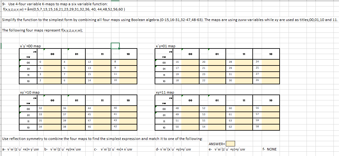 9- Use 4-four variable K-maps to map a six variable function: