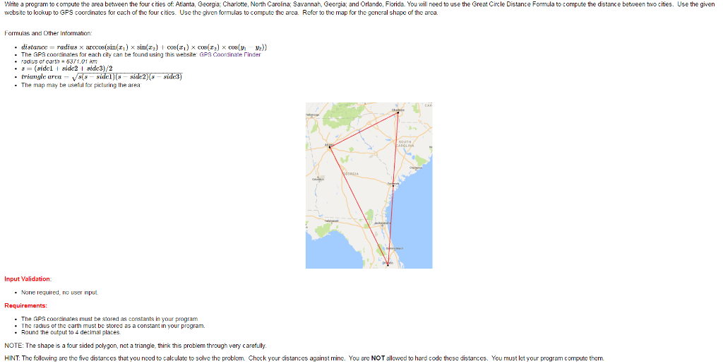 Write a program to compute the area between the four cities
