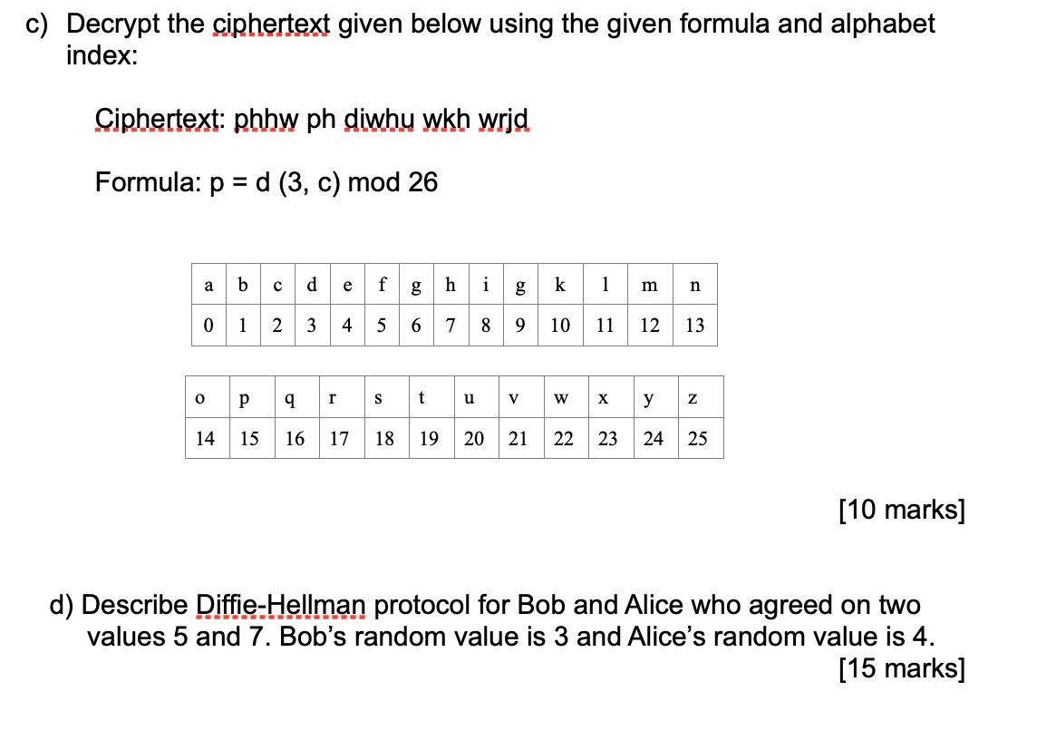  c) Decrypt the ciphertext given below using the given formula and